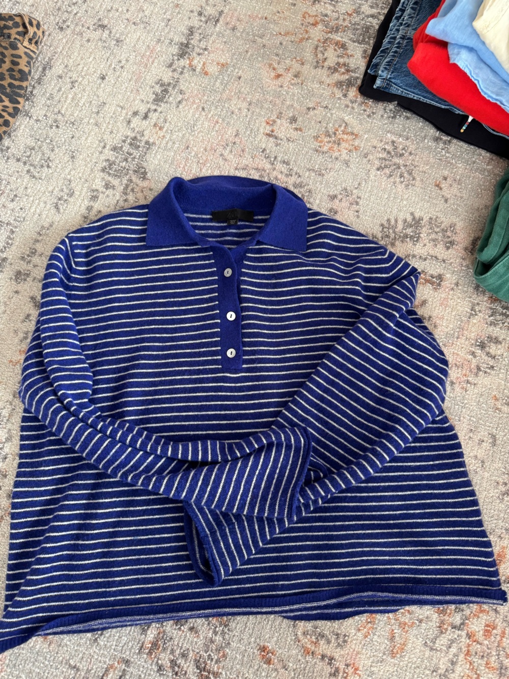 Zara Blue and White Striped Long-Sleeve Polo Sweater